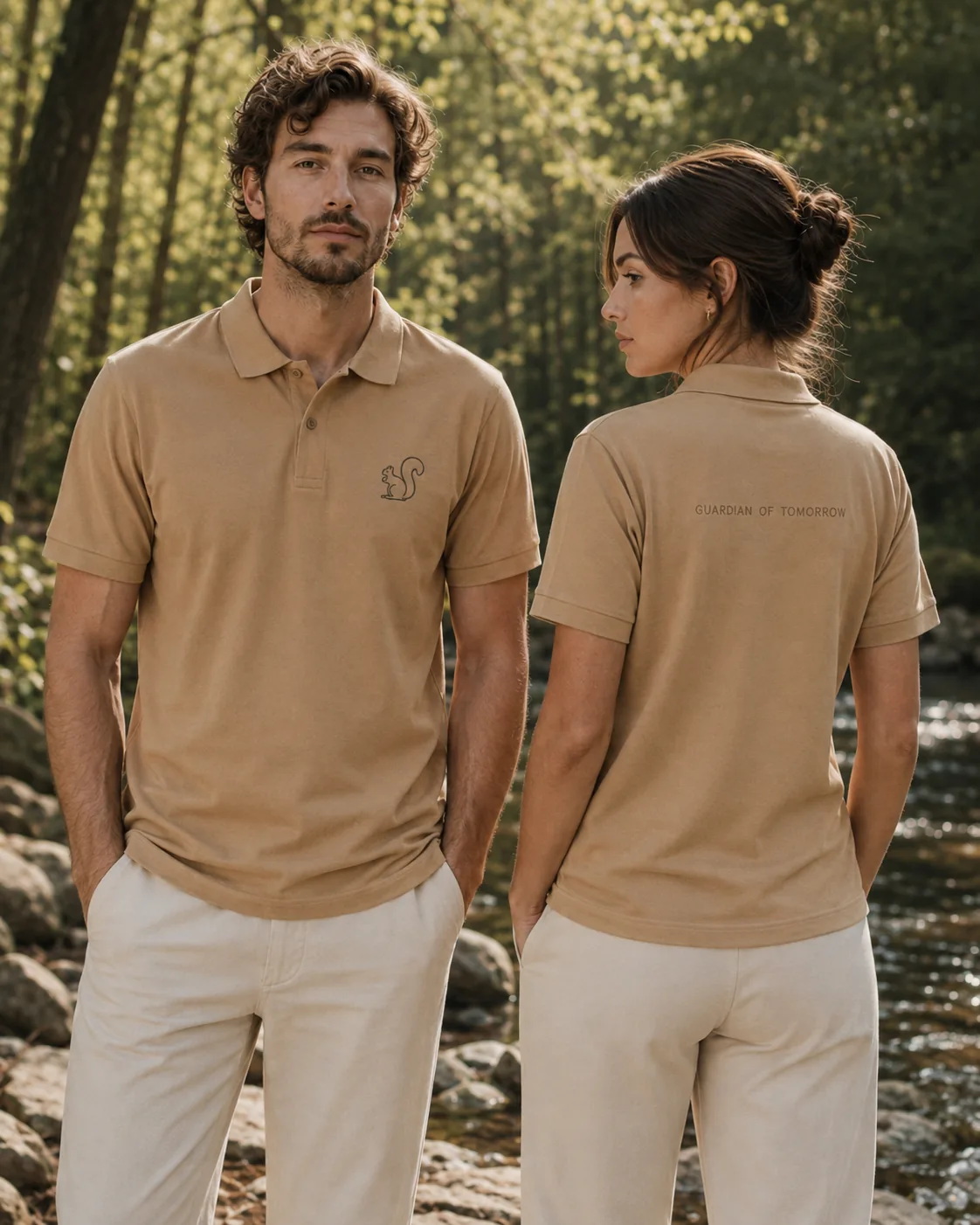 Zwei Personen am Waldbach im beigen Guardian Polo